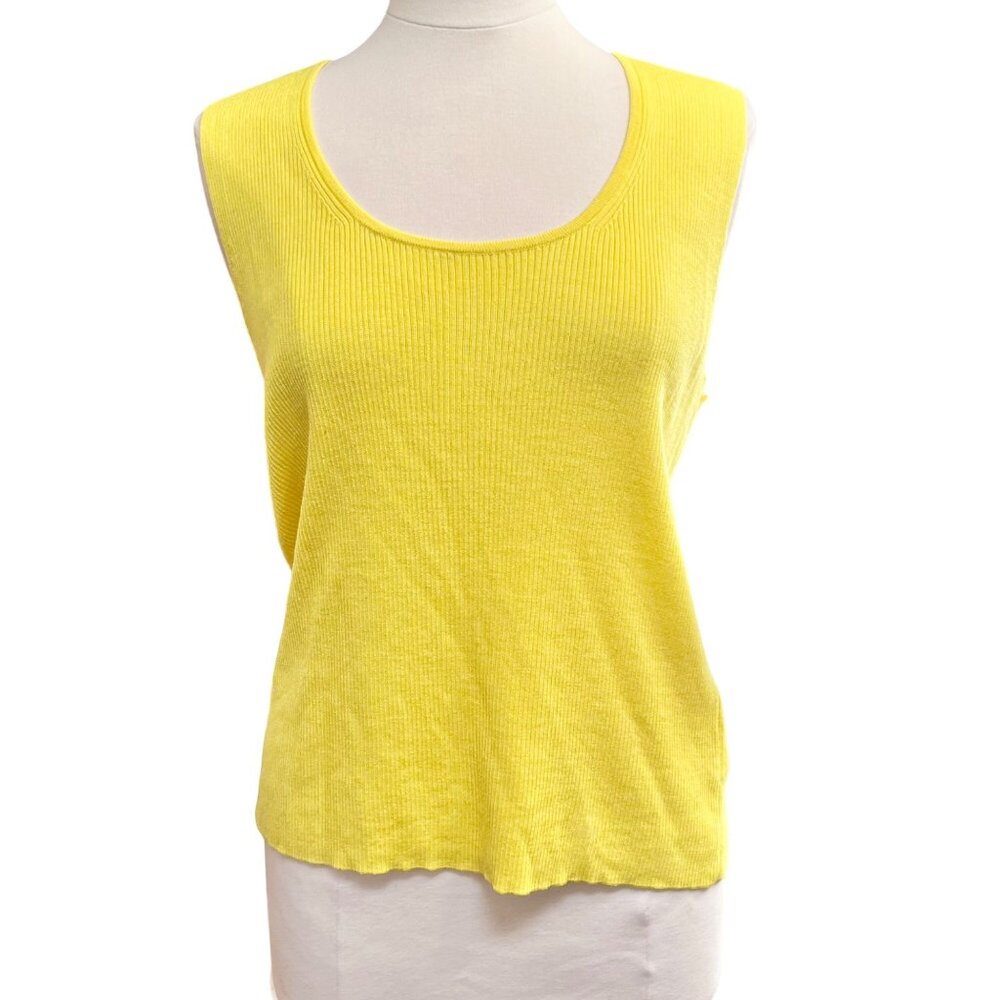 St. John Yellow Ribbed Sleeveless Knit Top XL‎ Wool Blend Scoop Neck Womens